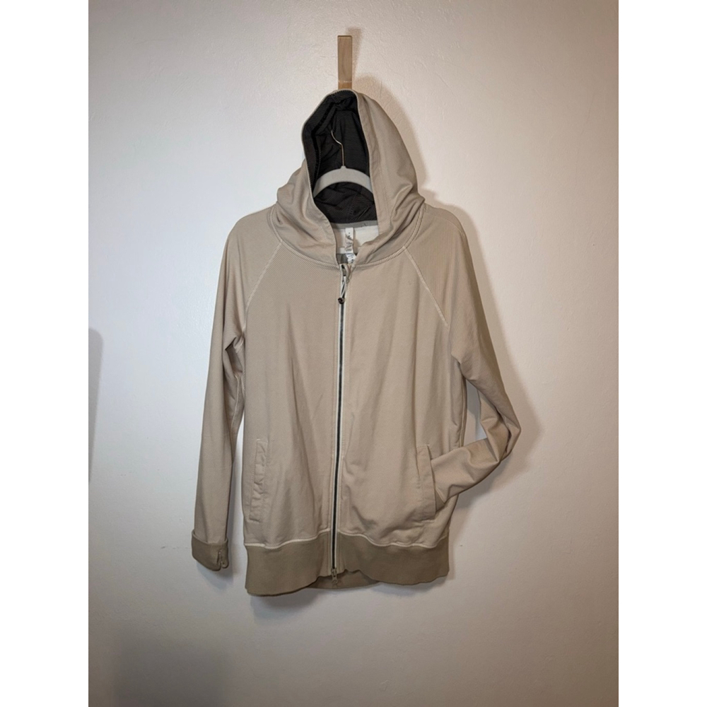 Lululemon Hoodie, Size 8, Beige with Black Accents, back zip vent, thumb holes.